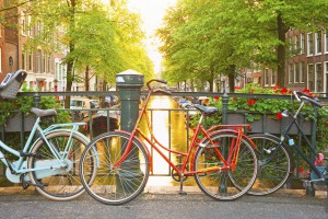 Bikes on the bridge in Amsterdam Netherlands